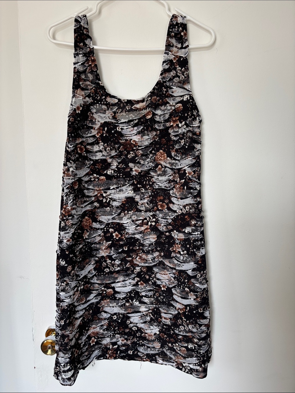 Silhouette Scoop Neck Mini Dress in Black, Gray & Brown Floral